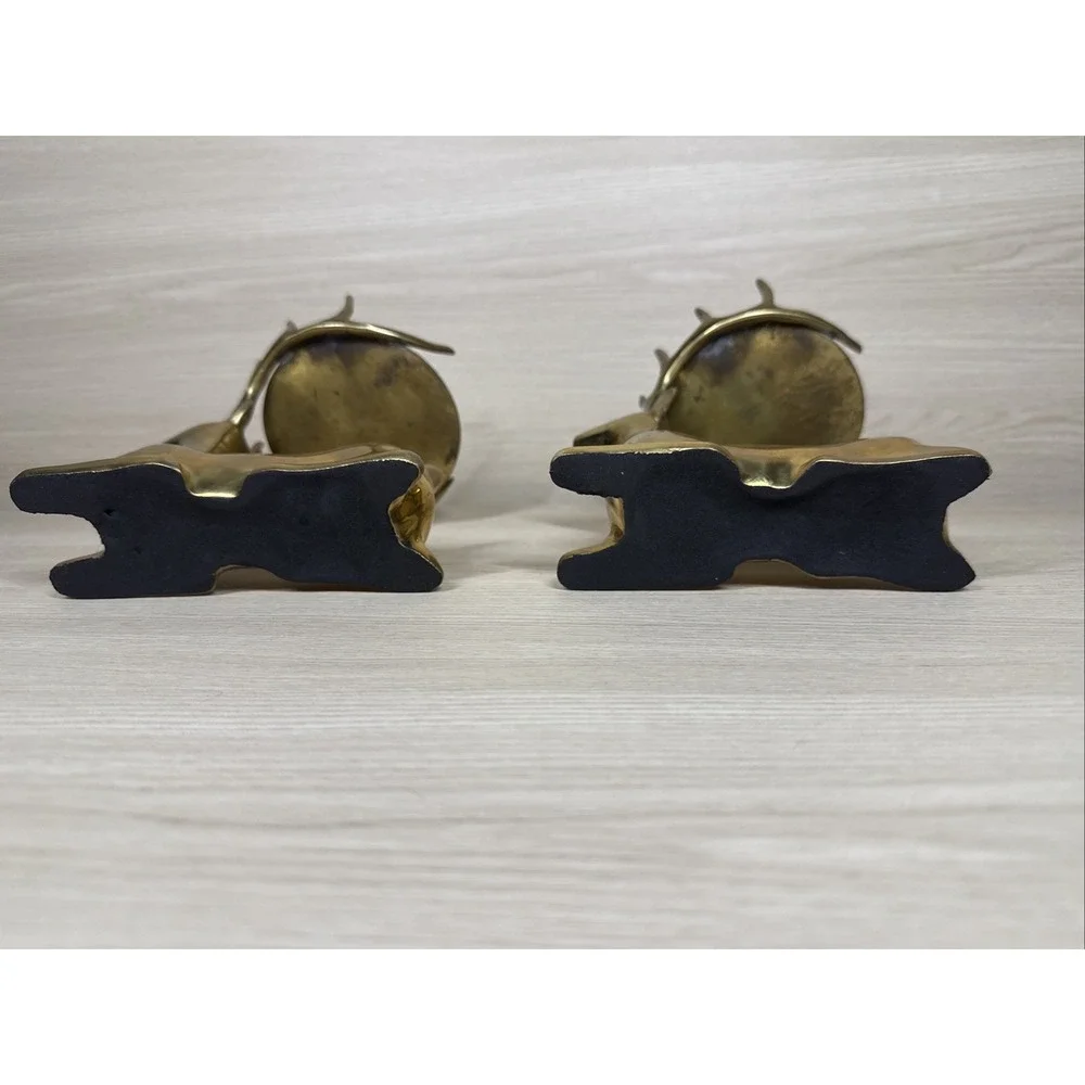 Vintage Brass Reindeer Column Pillar Candle Holders Set 2 Beautiful Heavy Glossy